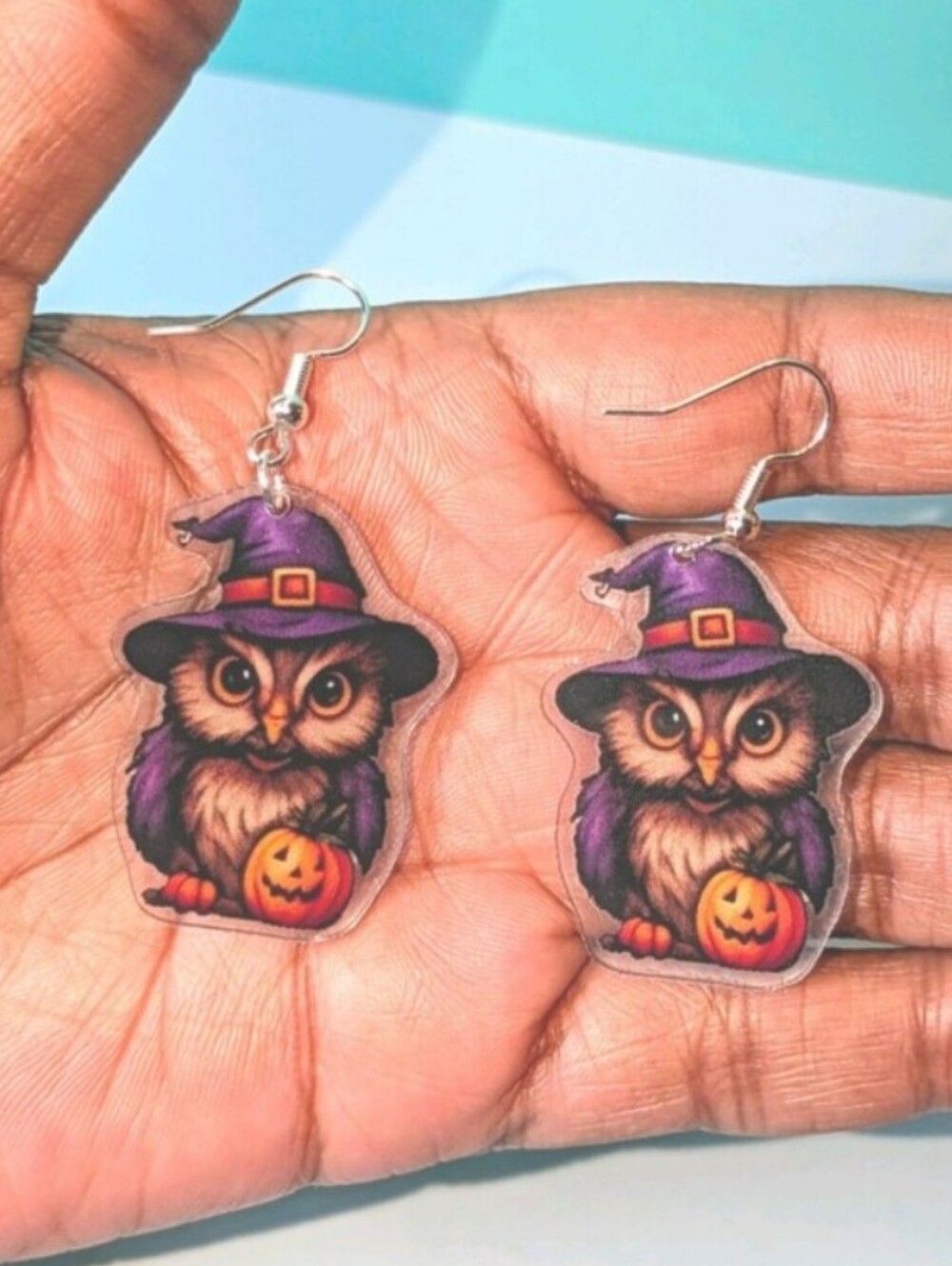 Halloween Owl Dangle Earrings - Purple Witch Hat Design